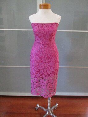 Alexis Floral Pattern Lace Overlay Strapless Bodycon Wiggle Midi Dress